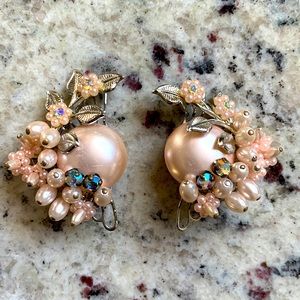 Vintage Pink Faux Pearl and Rhinestone Bead Earrings